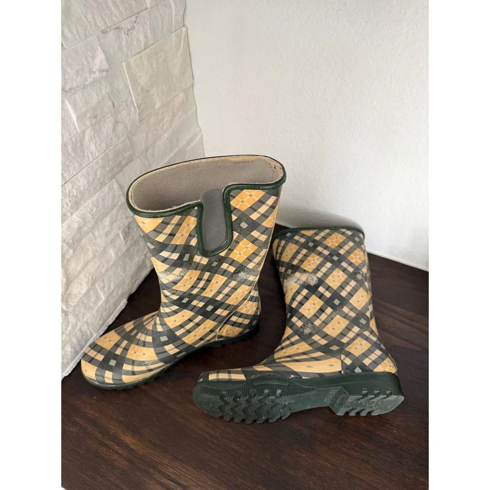 Sperry Top-Sider Womens Plaid Waterproof Rubber Rain Boots Yellow Green Size 6